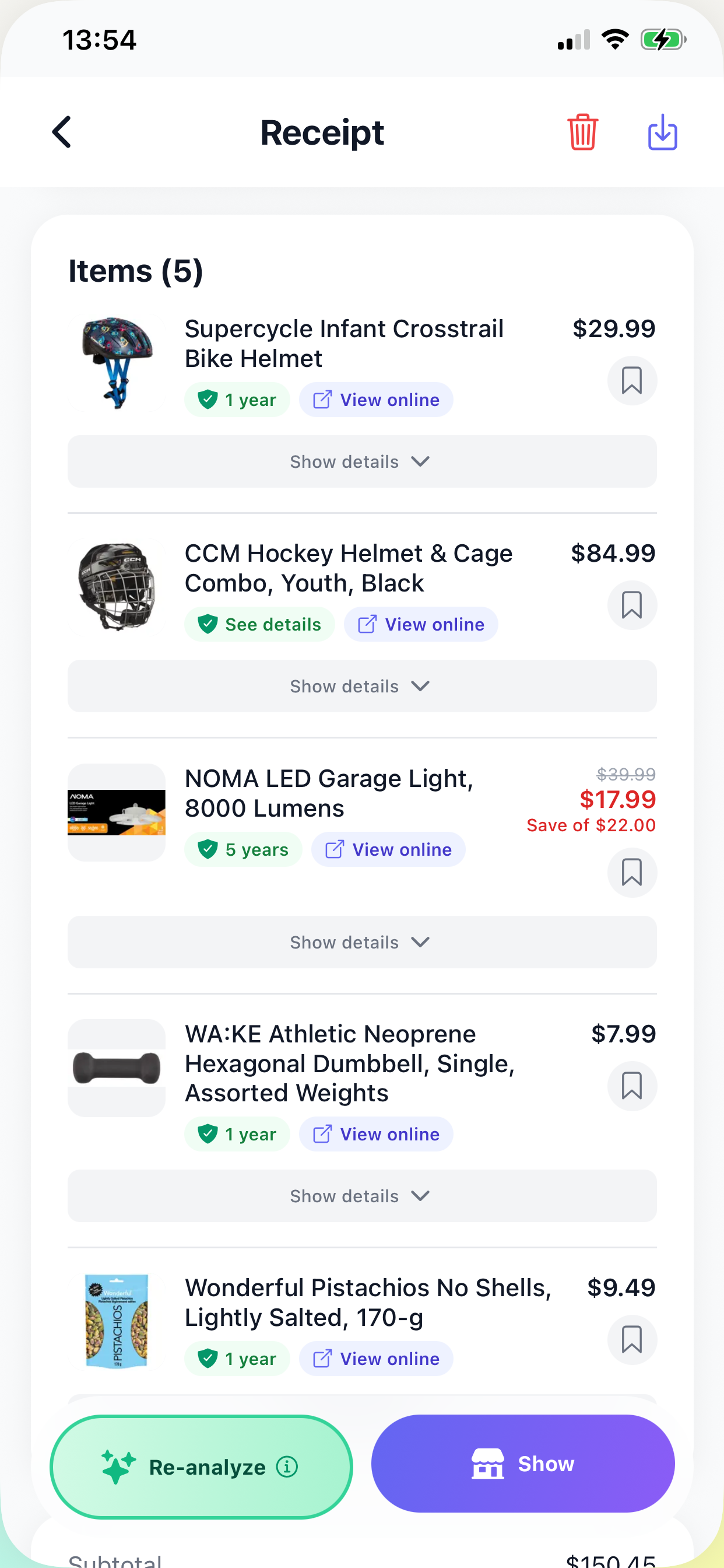 The same receipt enriched in ReFound: clear product names, images and warranties