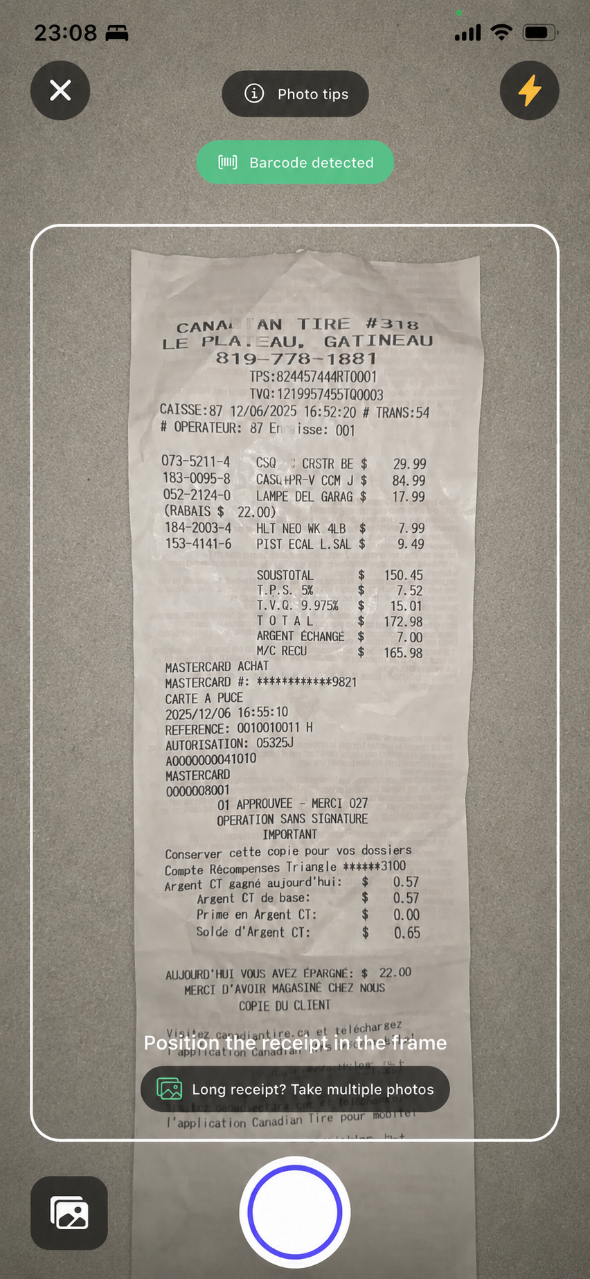 Real photo of a paper receipt being scanned with the ReFound app